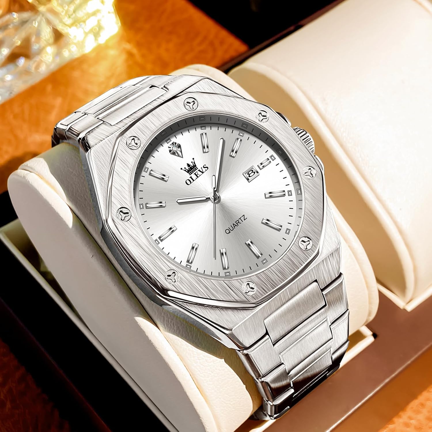 OLEVS Men's Stainless Steel Watch, Large Face Octagonal Three-Hand Analog Quartz Watches for Men, Luxury Easy to Read Calendar Date Waterproof Luminous Mens Wristwatch - Image 8