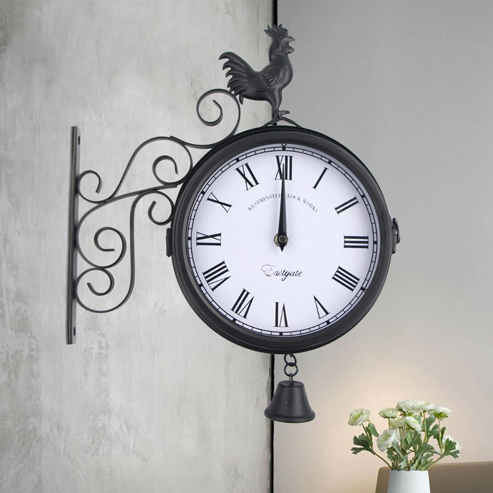 Reloj de pared retro, estilo antiguo, reloj de estación de tren de doble cara, metal redondo, para exteriores, decorativo, 30 x 9 x 37 cm, para jardín, pasillos, porche, estación de tren