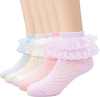 5 Pairs Toddler Baby Girls Ruffle Lace Socks Eyelet Mesh Cotton Frilly Ankle Soft Dress Kids Princess Socks 2-13T