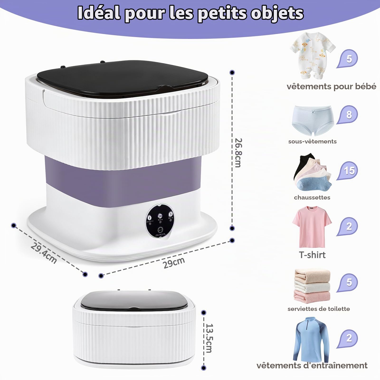 Mini Machine à Laver Portable 10L Pliable Lave Linge Compact | 3 Modes de Nettoyage & Panier D'essorage Amovible, Classe Énergétique E pour Appartements, Dortoirs, Camping & Voyages
