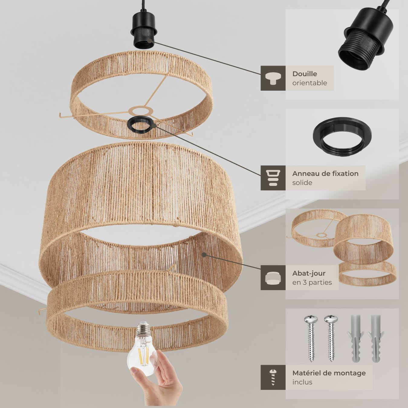 tectake® Suspension luminaire Ø46 x 32 cm, Abat jour en jute, Style Boho, Lustre 40W, Abat jour plafond, Lustre salon bohème, Plafonnier chambre Plafonnier cuisine Luminaire chambre, Suspension salon