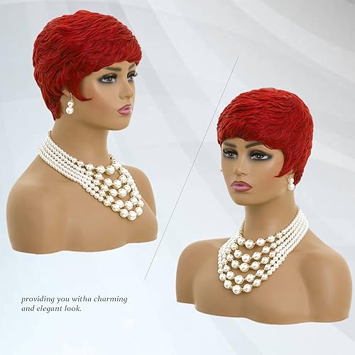 Miniatura 6 de MOONSHOW Pelucas rojas Pixie para mujeres negras, peluca de cabello rojo corto, peluca de corte Pixie natural, peluca corta de corte de pelo para