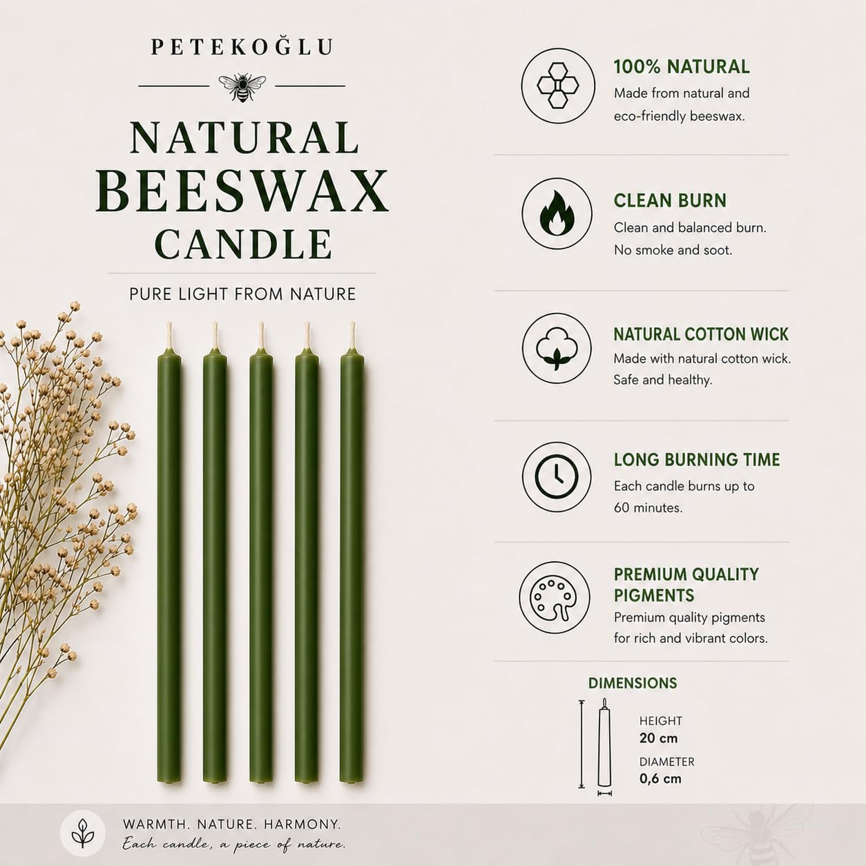 Petekoğlu 40 velas verdes de cera de abeja pura, sin goteo, sin humo, altas, finas velas decorativas para oración de iglesia, decoración o velas de cumpleaños, velas perfumadas a miel