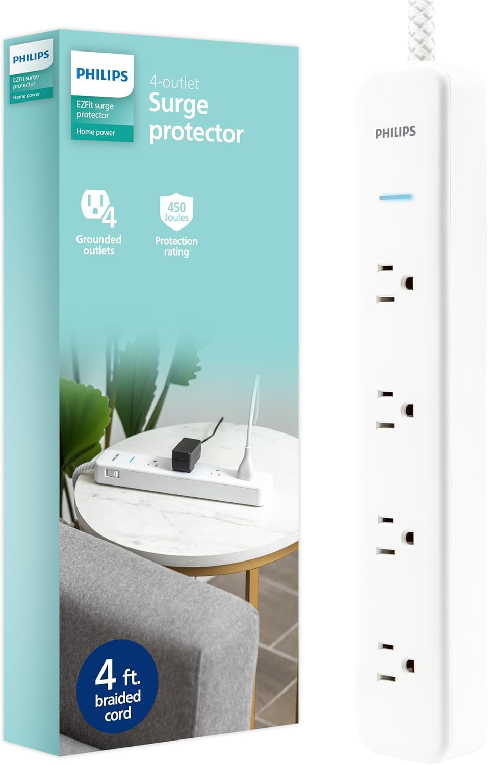 Philips 4-Outlet Surge Protector Power Strip, 4 Ft Braided Extension Cord, Multi Plug Outlet Extender, Adapter-Spaced, 450 Joules, White, SPP3563W/37
