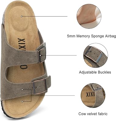 XIXITIAO Suede Sandals Womens with Adjustable Dual Buckle, Flat Slides Sandals with Arch Support Cork Footbed, Non Slip EVA Lightweight Slippers for Summer