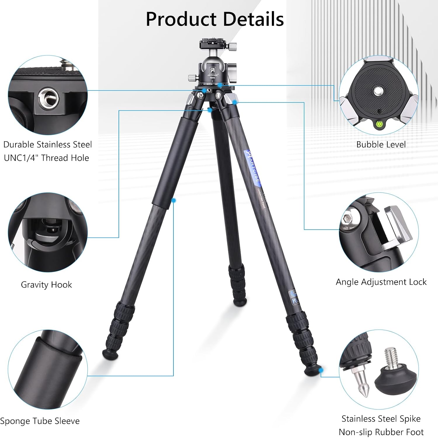 Compact Carbon Camera Tripod with 46mm Ball Low Profile Tripod Head 32.5mm Max Leg Tube Stable Lightweight Carbon Fiber Travel Stand with Arca Swiss Ball Head and Stone Bag Max Load 25kg
