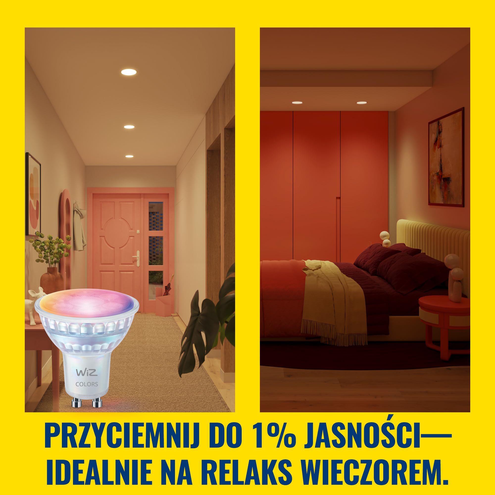 Szklany reflektor punkt WiZ Smart LED GU10, kolor i regul odcień białego światła, odpowiednik 50 W, 2200K–6500K, 345 lumenów, przyciemn, działa z Alexą, Google Assistant i Apple Home, op. 1 szt.