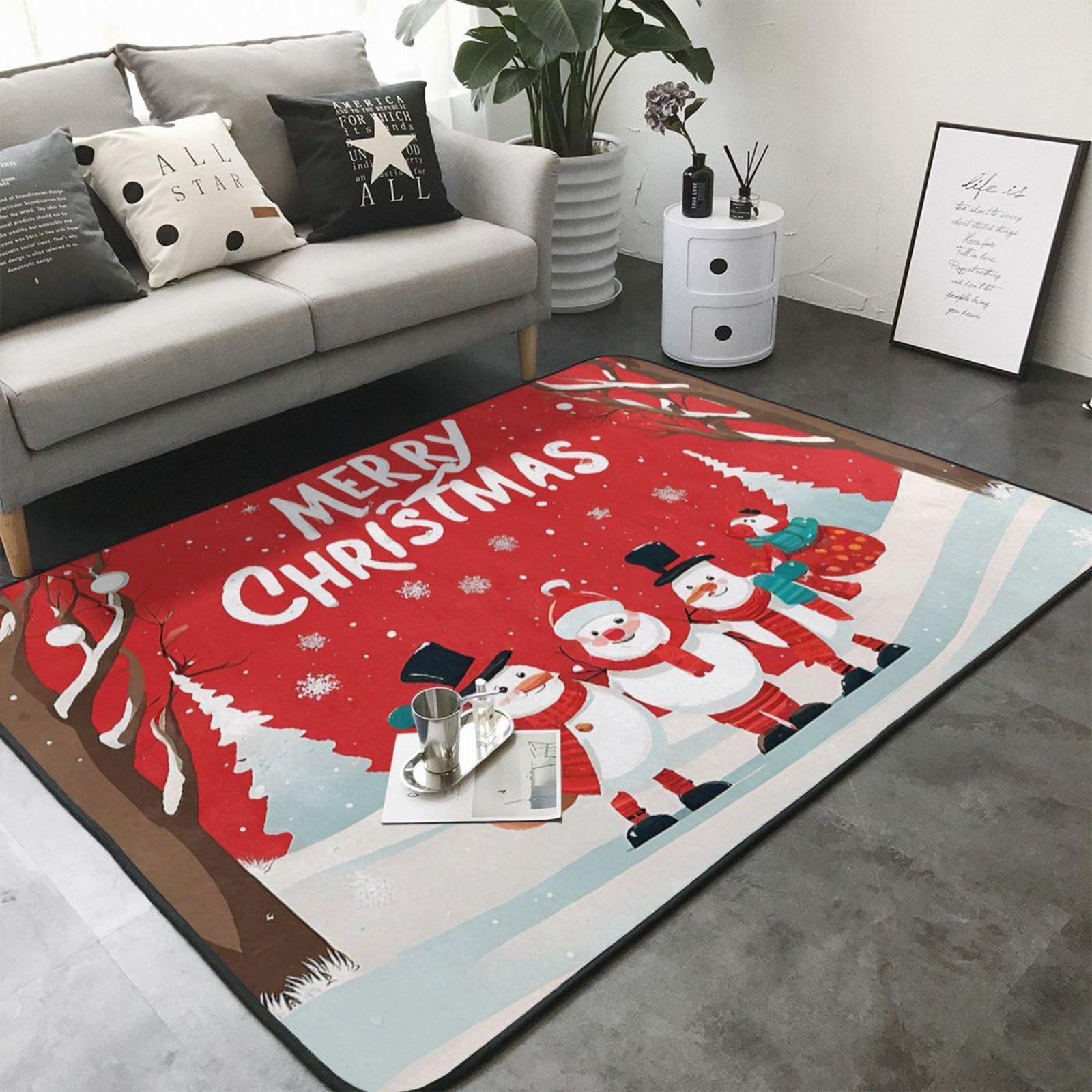 Merry Xmas Print Living Room Anti Slip and Absorbent Carpet, Indoor Bedroom Bed Floor Mat, Ultra Soft Washable Carpet 80x58 in