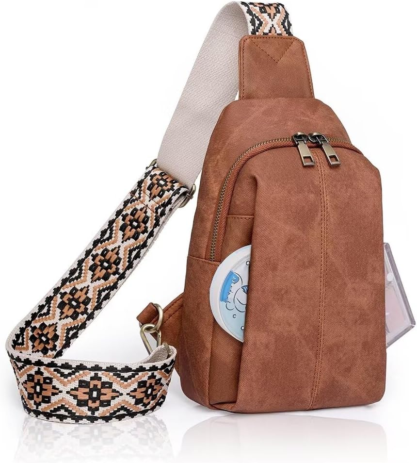 Leather Sling Bag for Women Waterproof Anti-thief Crossbody Waist Pack Shoulder Bag Fashion Trendy Purse Funny Chest Bag with Guitar Strap for Travel Casual Gifts,Small,Brown
