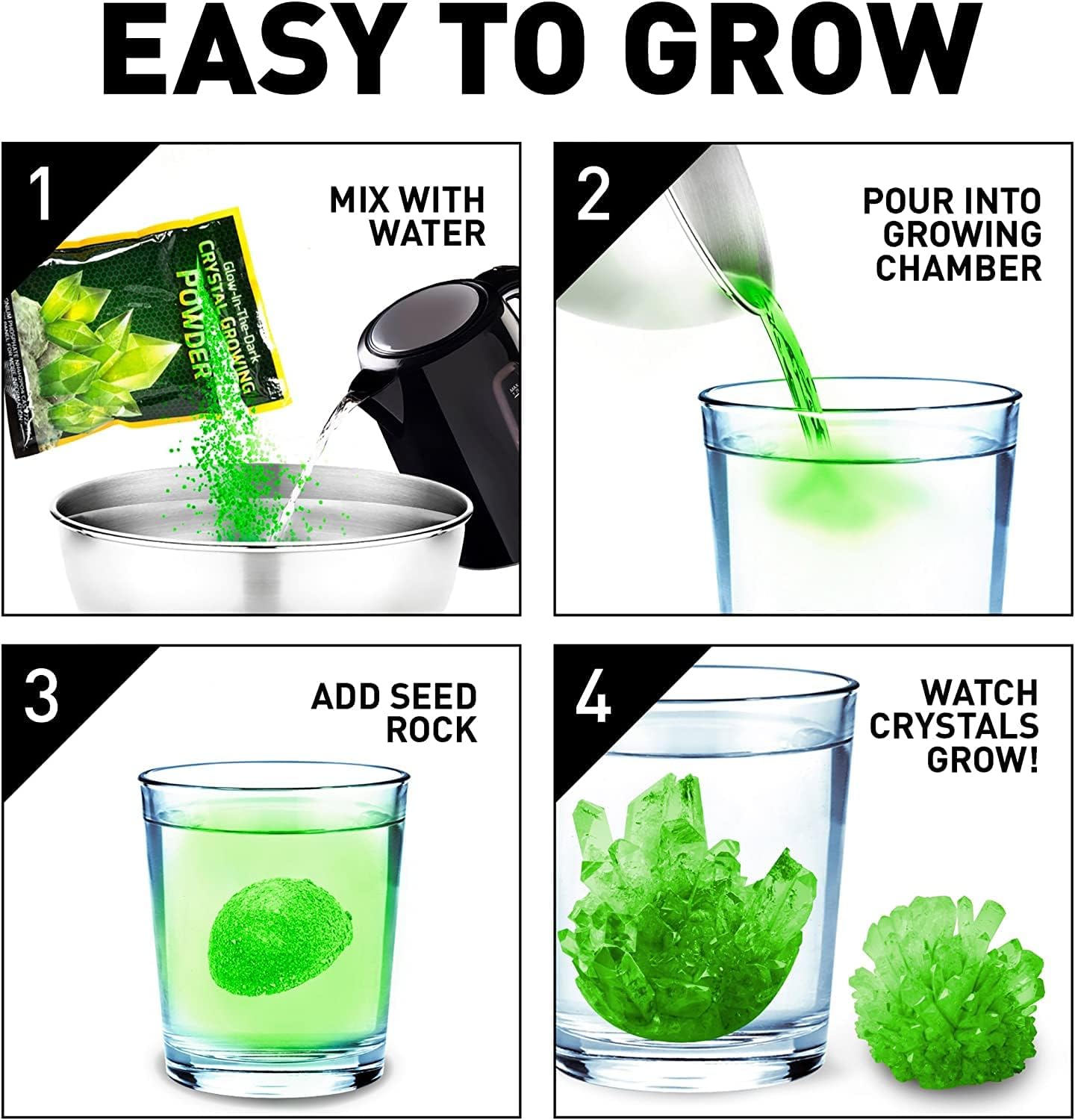 Four-step diagram showing how to grow crystals: 1. Mix powder with water, 2. Pour into growing chamber, 3. Add seed rock, 4. Watch crystals grow.