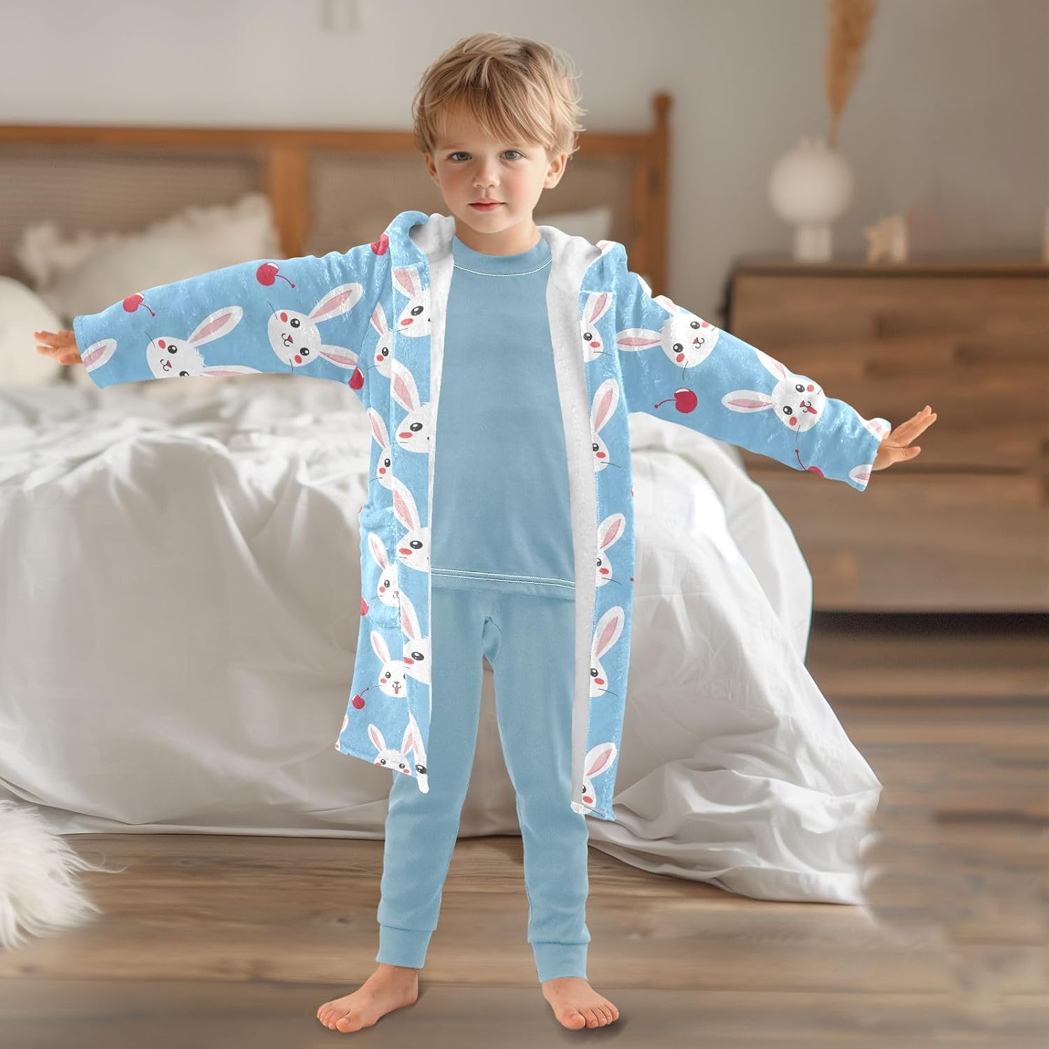 senya Rabbit Cherry Toddler Hooded Bathrobe Kids Soft Plush Bath Towel Robes for Boys Girls 2-12 Years