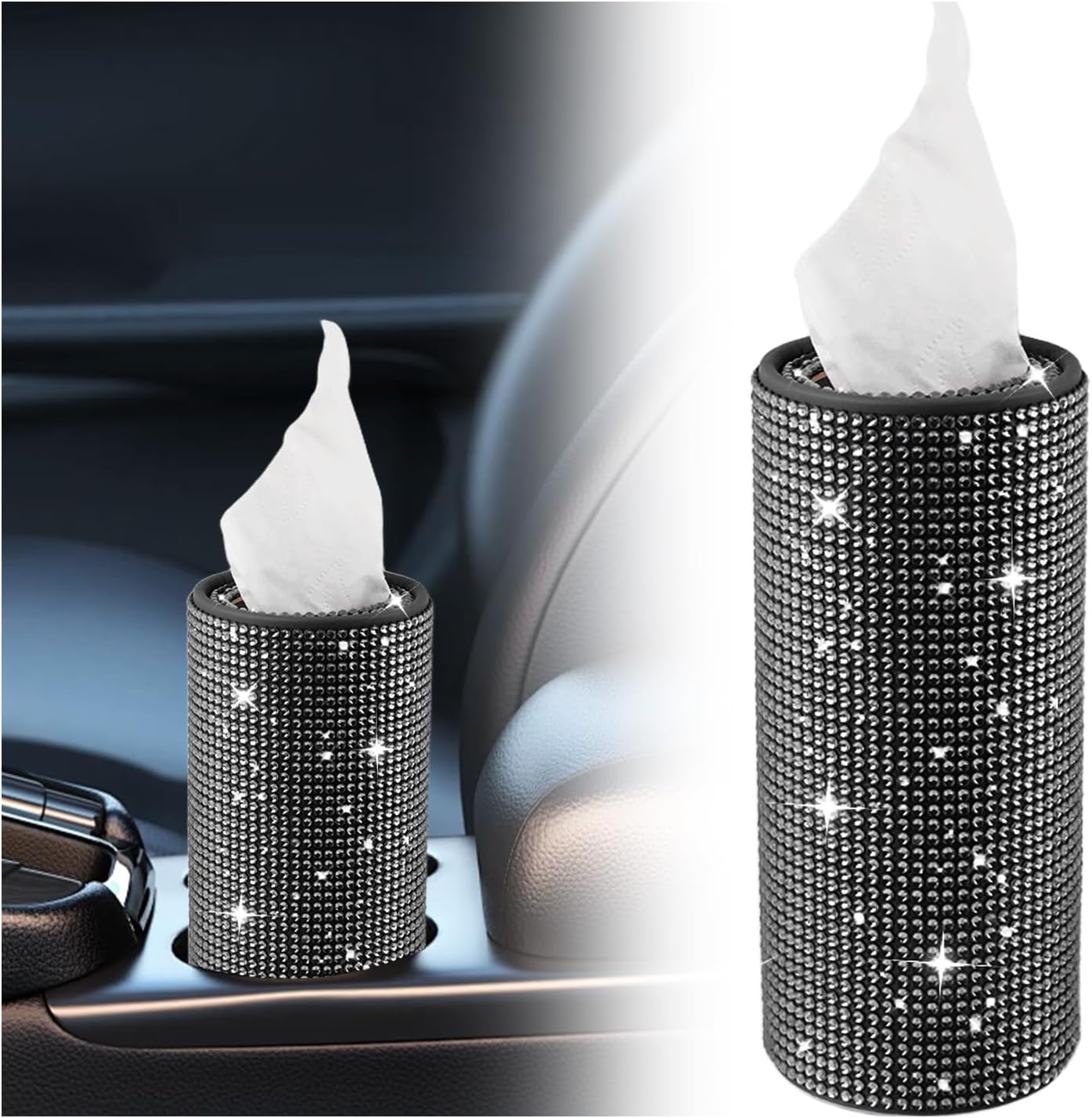 Bling Car Tissue Holder for Cup Holder,Rhinestone Travel Car Tissue Box(30 Tissues/3-ply),Universal Cylinder Tissues Dispenser for Cars Interior Decor as Gift for Women (Black)