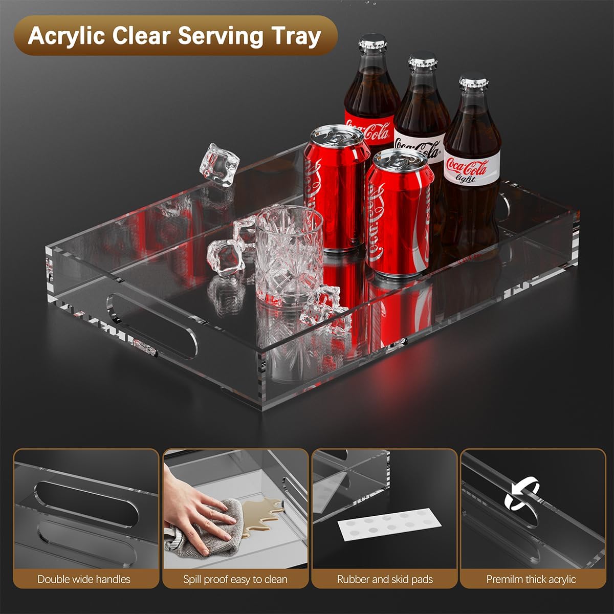 2 Pack 12"x17" Acrylic Serving Tray with Handle-Clear Acrylic Trays for Serving Food -6mm Thick Large Outdoor Lucite Tray-Stackable Makeup Organizer(12X17X2.4, 11.2X16.2X2.4) - Image 4