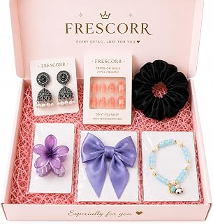 Frescorr 6 pcs Gift Hamper for Women & Girls – Charm Bracelet, Jhumki Earrings, Satin Hair Bow, Scrunchie & Flower Claw Cl... Price In India