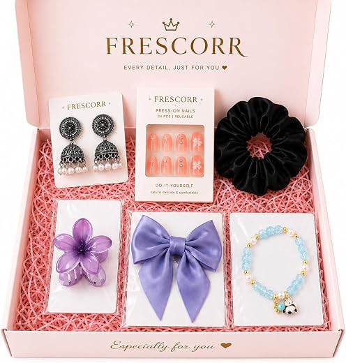 Frescorr 6 pcs Gift Hamper for Women &amp; Girls – Charm Bracelet, Jhumki Earrings, Satin Hair Bow, Scrunchie &amp; Flower Claw Cl...