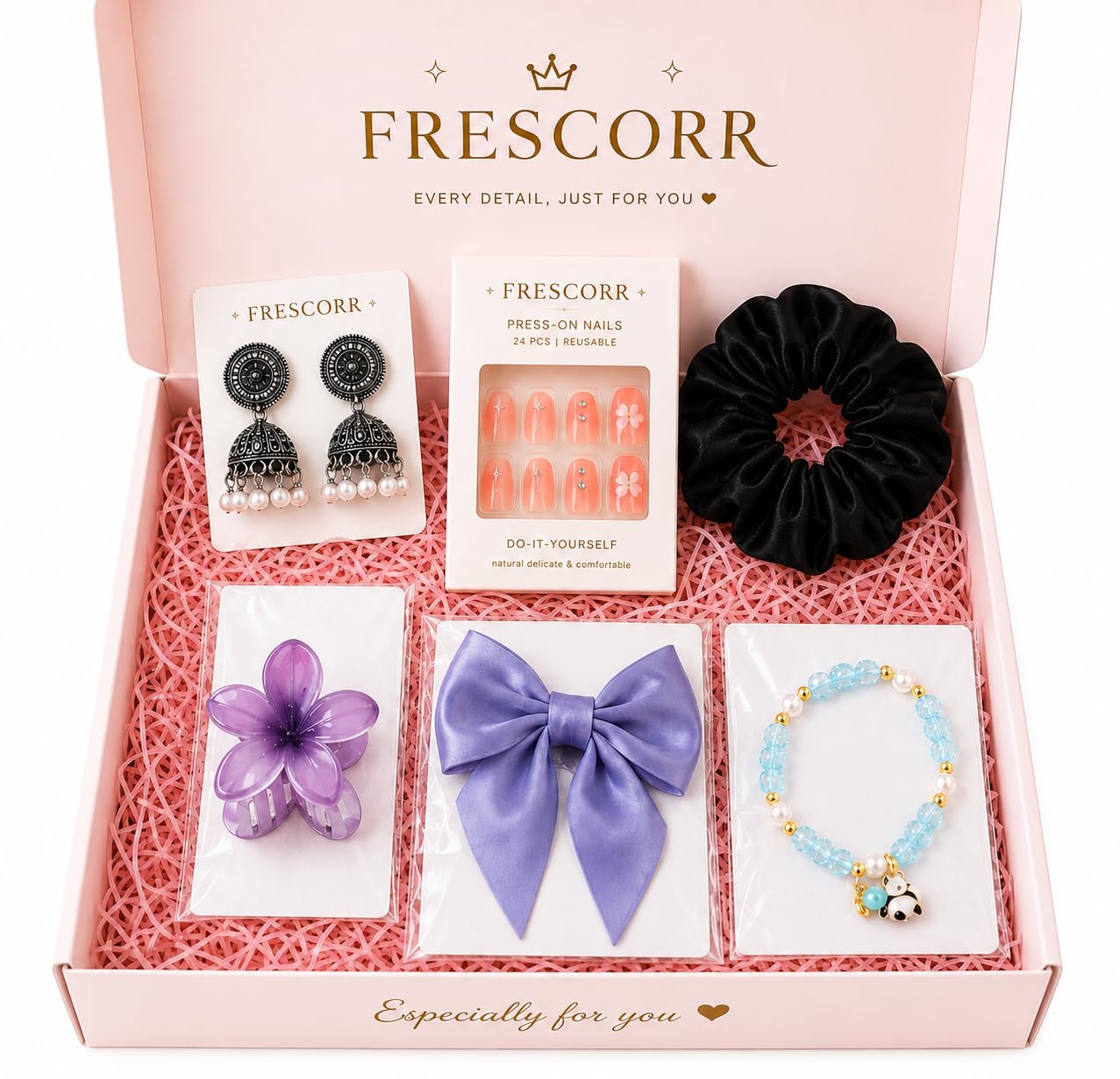 Frescorr 6 pcs Gift Hamper for Women & Girls – Charm Bracelet, Jhumki Earrings, Satin Hair Bow, Scrunchie & Flower Claw Cl...