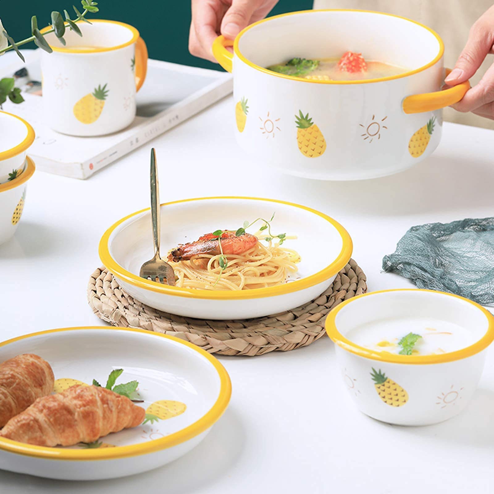Juego de vajilla de Cocina, vajilla de cerámica, Juego de vajilla de Porcelana Serie Pineapple de 25 Piezas, Olla con Tapa, tazón para Cereales y Plato para Car(