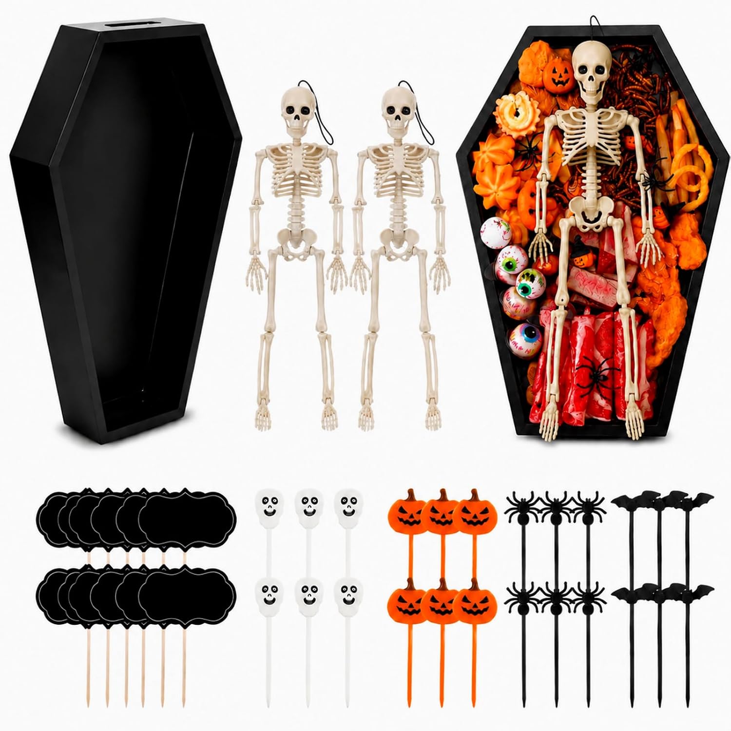 40 Halloween Charcuterie Board, Coffin Tray Skeleton Fruit Pick Cake Topper