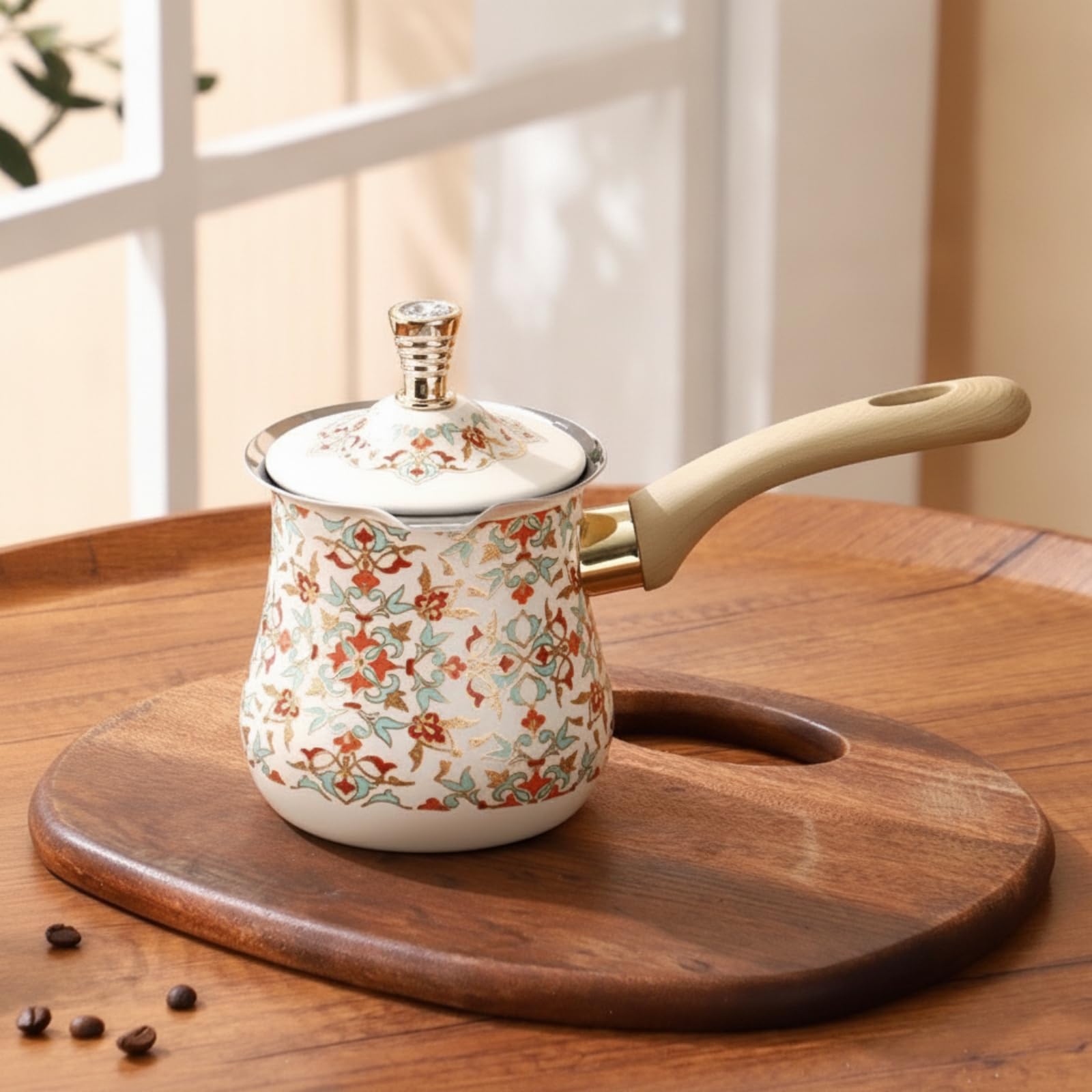 Sharplace Türkischer Kaffeekocher Kaffeekanne Saucentopf aus Edelstahl mit Holzgriff Und Ausgusstülle Glänzende Beschichtung Dekorativer Deckelknauf für Kochen Büro Zuhause, 720ML, Pattern 10
