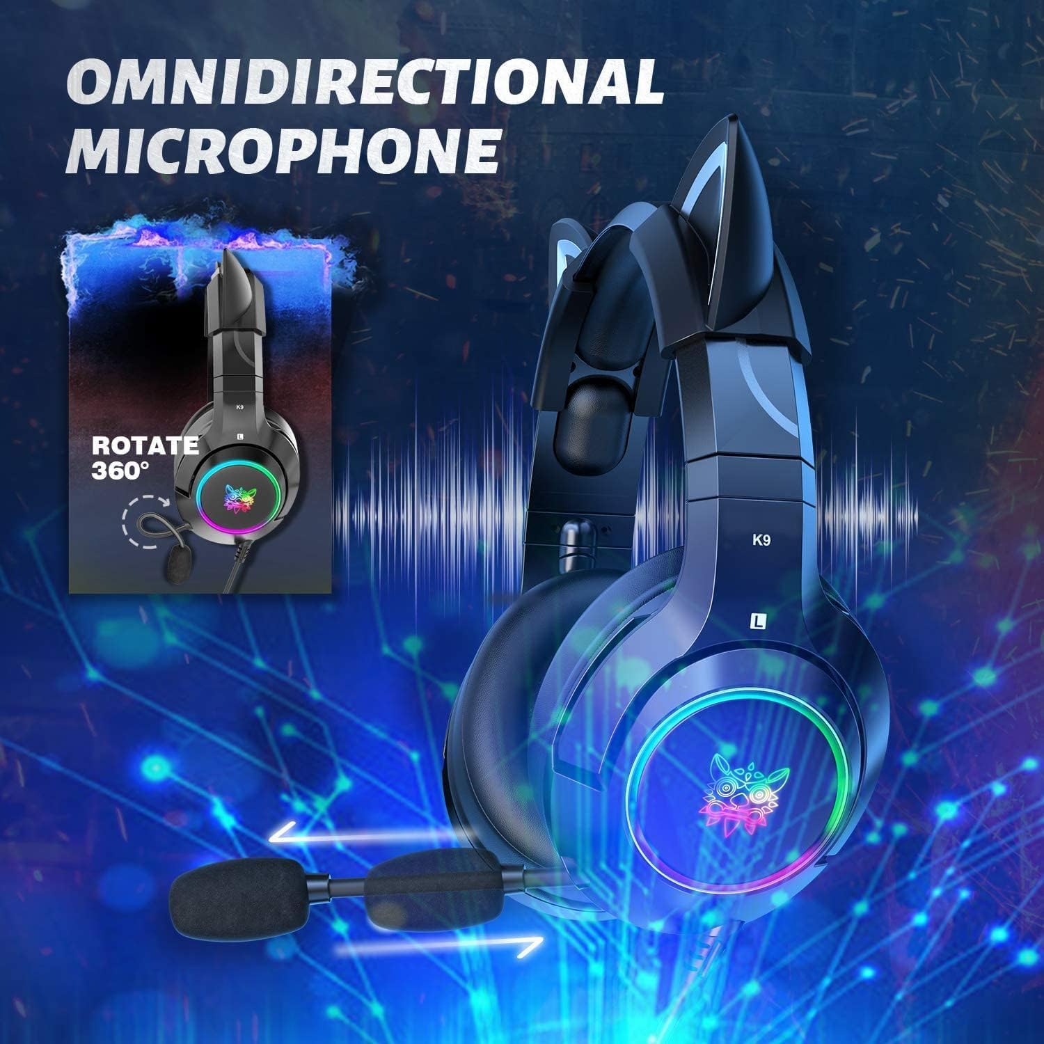 PHNIXGAM Cuffie da gioco per PS4, PS5, Xbox One X/S (senza adattatore), 3,5 mm, con orecchie di gatto rimovibili, microfono antirumore, RGB, suono surround per PC, telefono cellulare (nero)