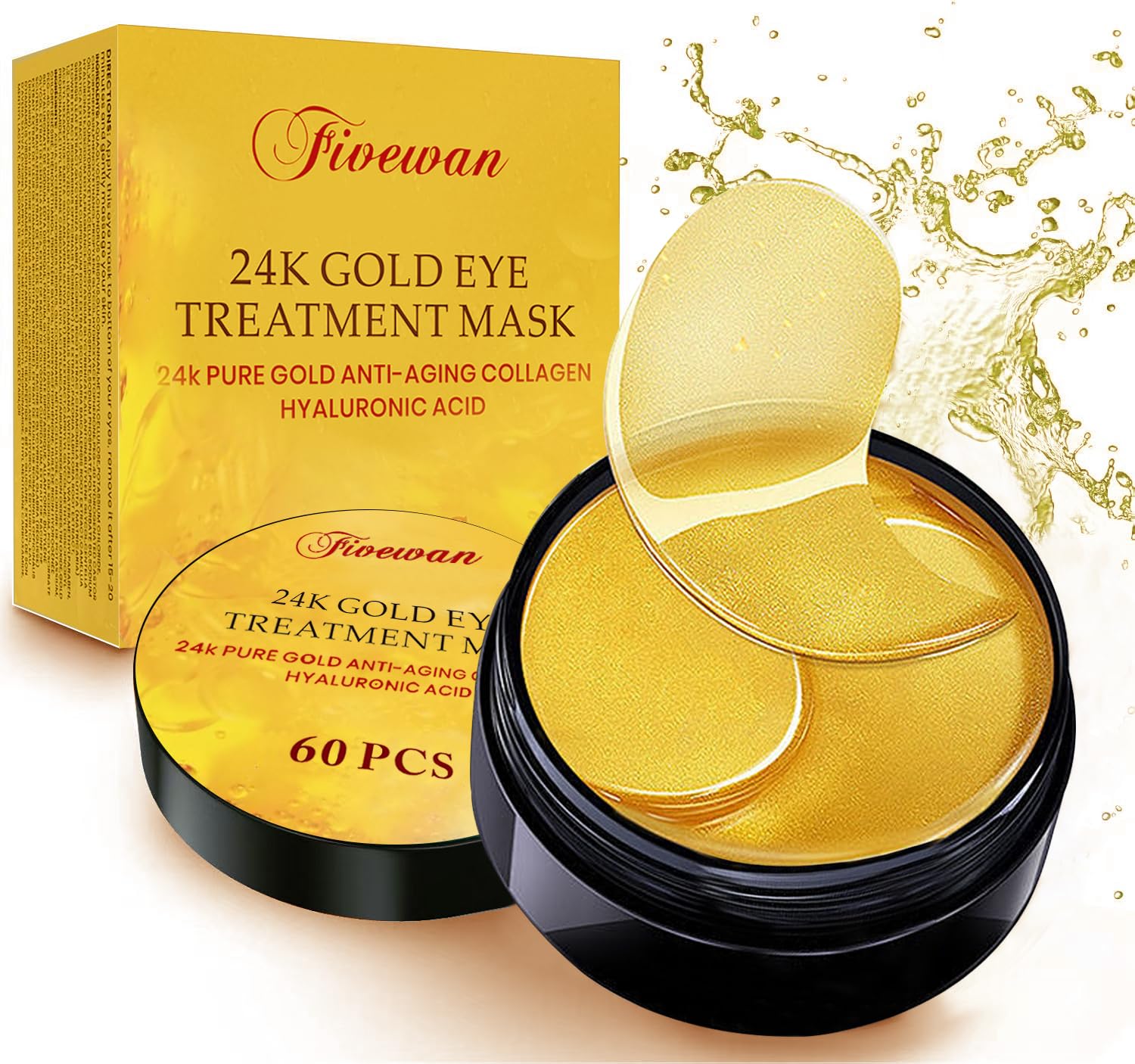 Under Eye Mask, 24k Gold Under Eye Gel Patches to Reduce Dark Circles and Puffy Eye Bags, 60 Pcs Collagen Eye Patches
