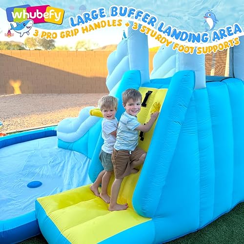 Miniatura 4 de Whubefy Tobogán acuático inflable para niños, parque acuático inflable con cascada de cocodrilo, tobogán acuático y gran piscina de chapoteo, pared