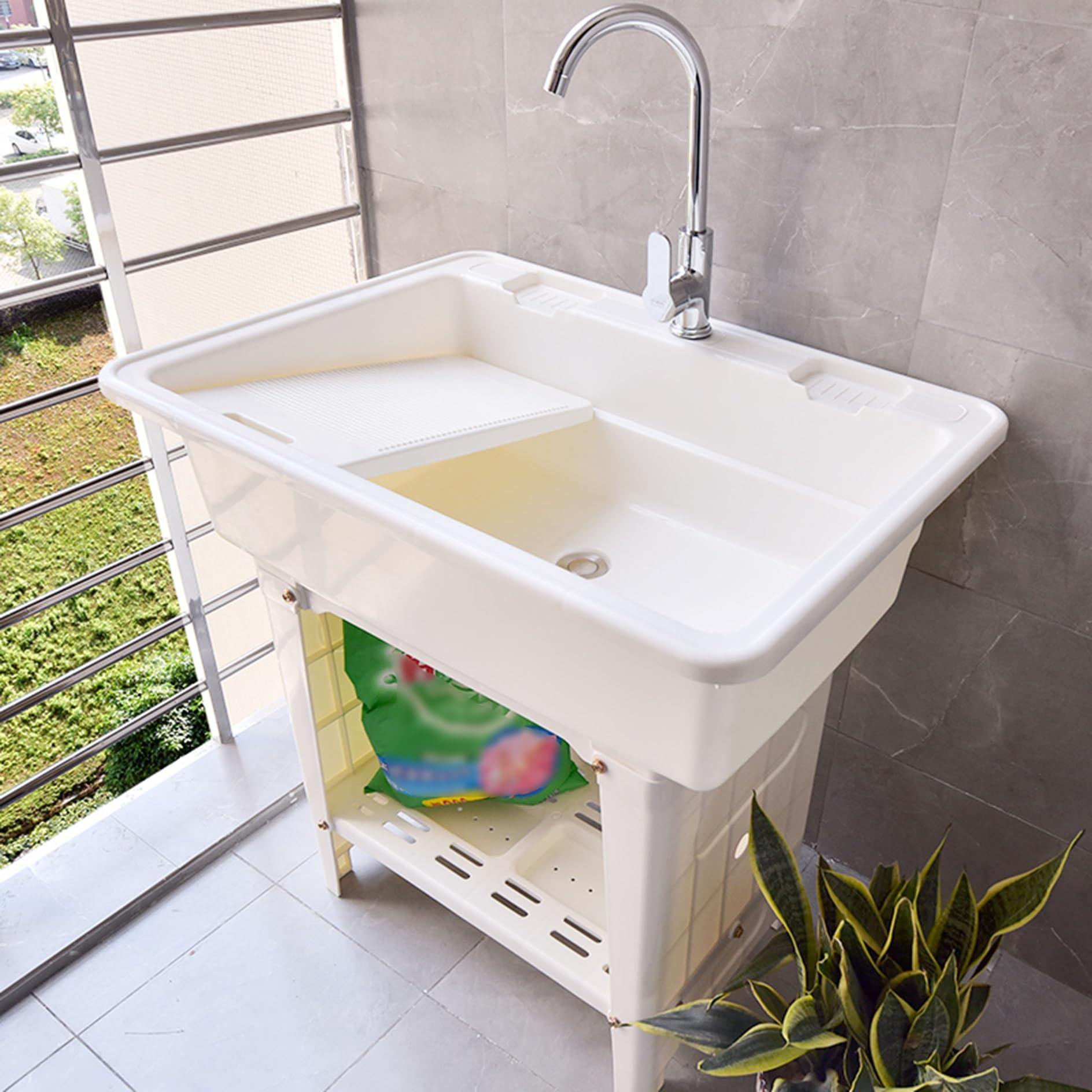 Évier de jardin portable blanc 68x58x80 cm autoportant avec planche à laver