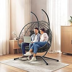 SWITTE Double Egg Swing Chair with Stand, Outdoor Patio 2 Person Hanging Wicker Hammock Chairs with Cushion for Indoor Bedroom, Lawn, Garden-Dark Grey