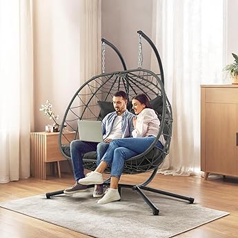 SWITTE Double Egg Swing Chair with Stand, Outdoor Patio 2 Person Hanging Wicker Hammock Chairs with Cushion for Indoor Bedroom, Lawn, Garden-Dark Grey