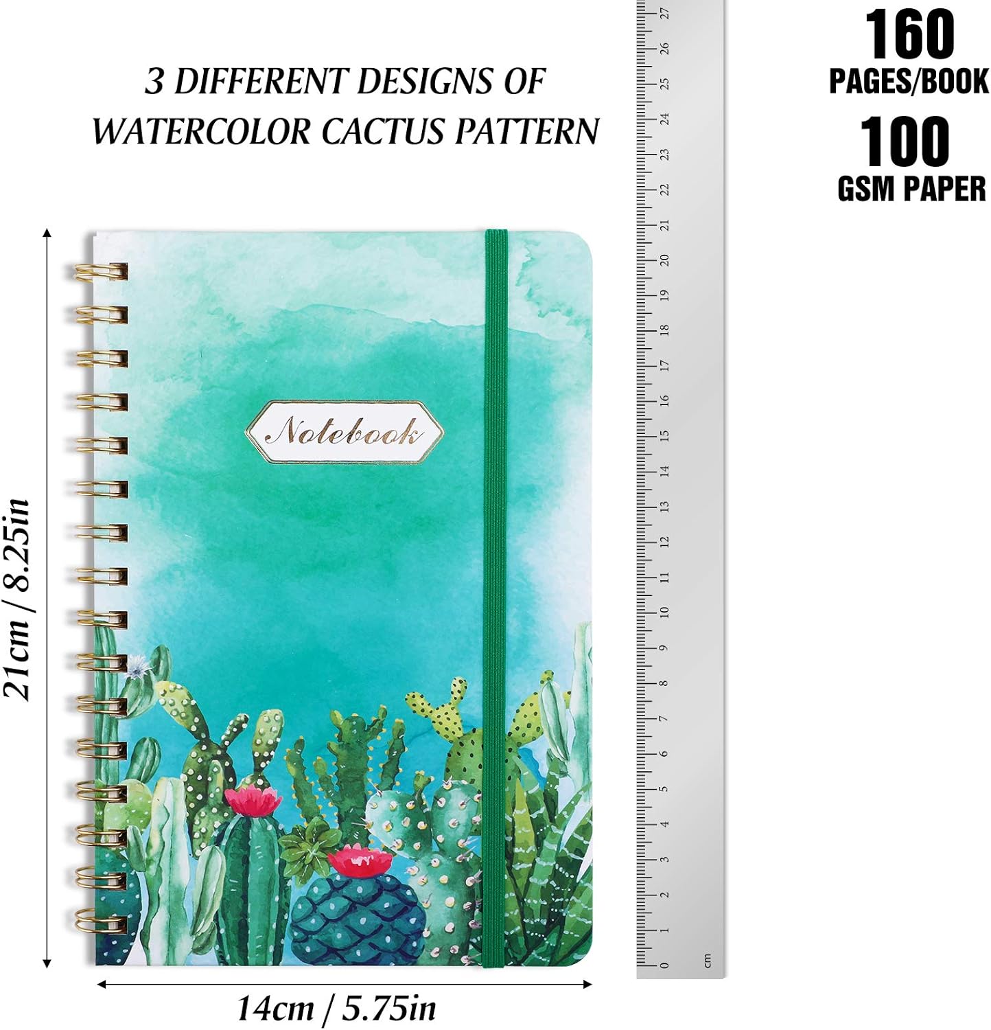 EOOUT 3 Pack A5 Spiral Notebook, Ruled Journal for Women, Hardcover Notebook, 6"x 8.5", 160 Pages, Twin-Wire Binding, Cute Cactus, Back Pocket, 100gsm Paper, for Office, School Supplies : Office Products