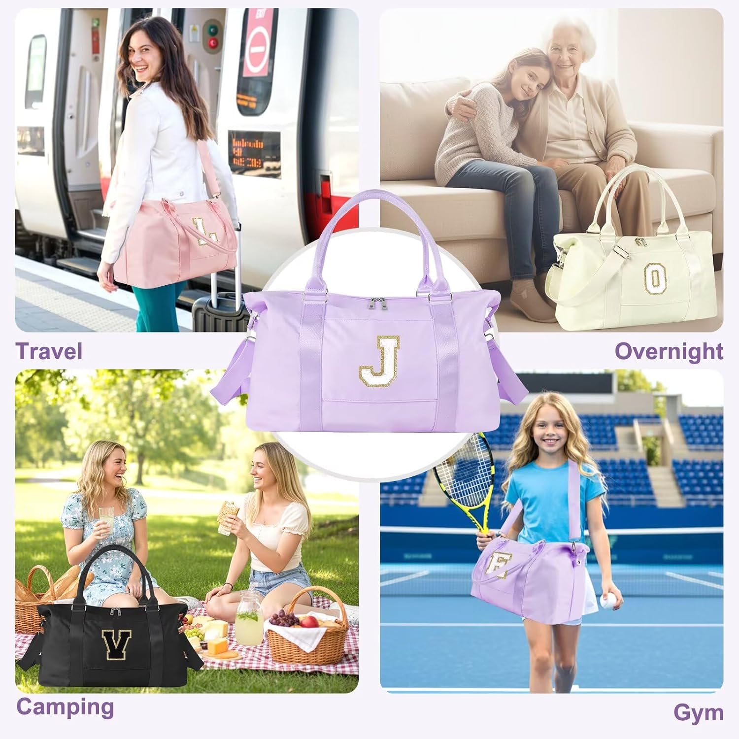 Dance Gym Duffel Bag for Teen Girls,Personalized Initial Travel Weekender Bag,Overnight Carry On Duffle for Women,Sports Travel Cheer Bag,Monogram Graduation Birthday Gifts for Tween Preppy(purple-J) image 5
