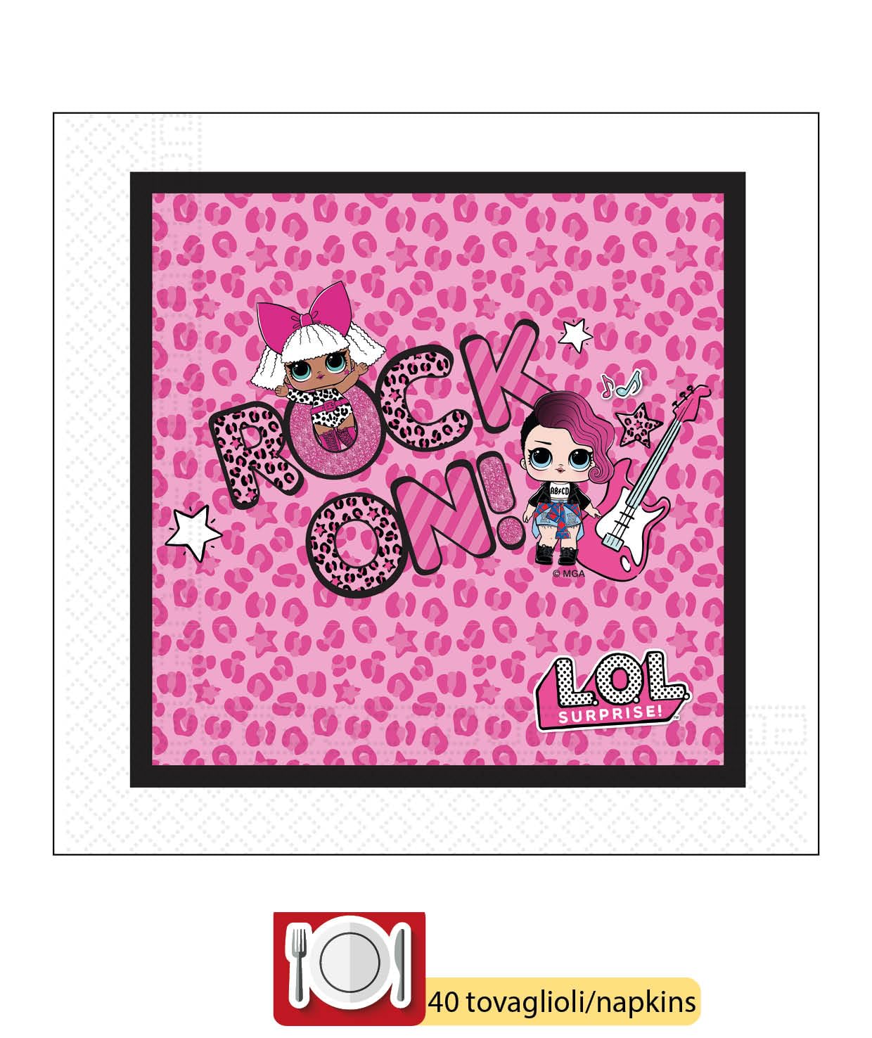 Kit Party Tavola L.O.L. Surprise! Rock On! per 24 persone (112 pezzi: 24 piatti Ø23cm, 24 piatti Ø20cm, 24 bicchieri 200ml, 40 tovaglioli 33x33cm)