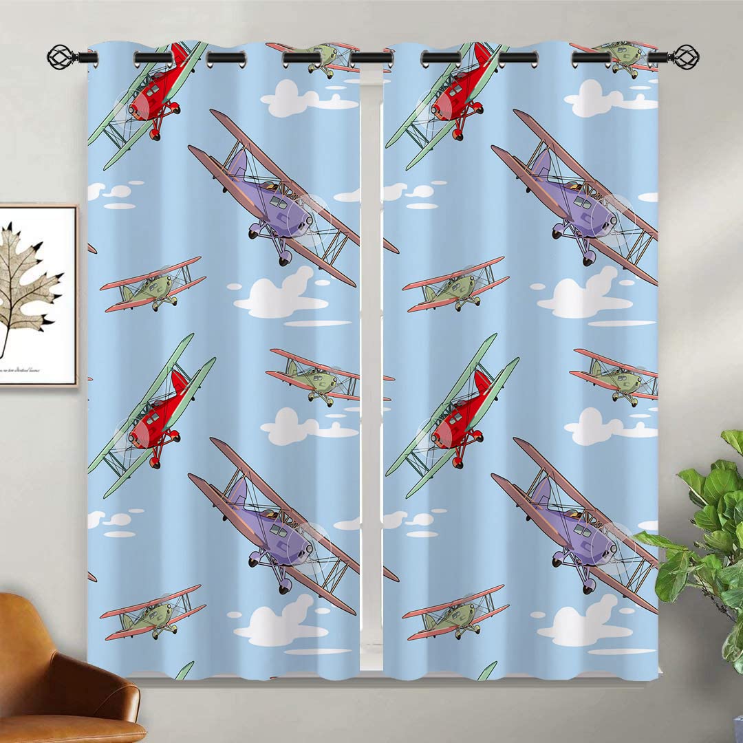 ONINUO Airplane Blackout Curtains for Girls Boy Home Decor, Retro Jets Fighter Sky War Warplane Cartoon Grommet Thermal Insulated Drapes Darkening Window Curtain for Bedroom Living Room, 42 x 45 Inch