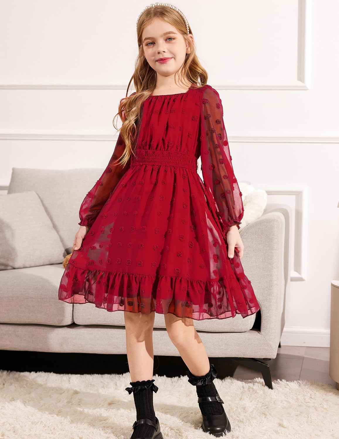 Arshiner Girls Dresses Long Sleeve Square Neck Swiss Dot Flowy Casual Party Dress - Image 4