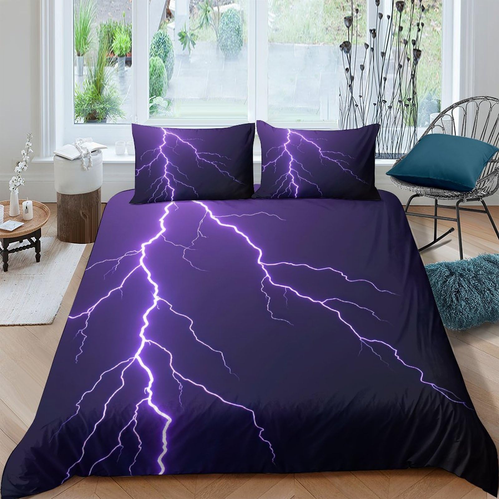 Ctjqhvkz Style-1 3D Printed Lightning Storm Fitted Sheet Microfiber Soft Deep Purple Thunder Mattress Cover Bedroom Decor Easy Care Single（135X200cm）