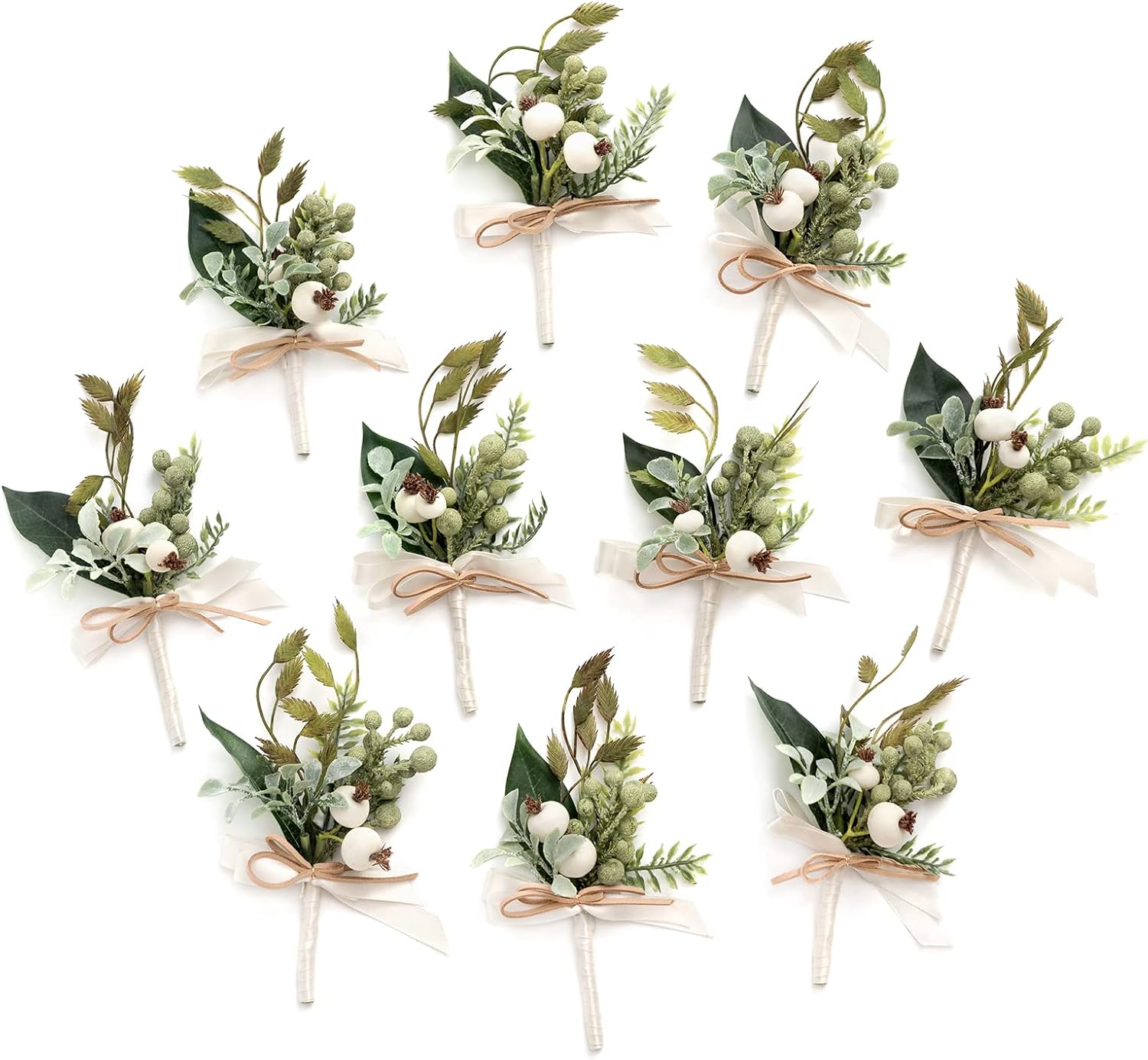 Ling's Moment Boutonniere for Men, 10pcs Groomsmen Guest Boutonniere, Artificial Flowers for Wedding Décor/Prom/Homecoming,etc.White Greenery Berry GRN-White & Greenery Berry