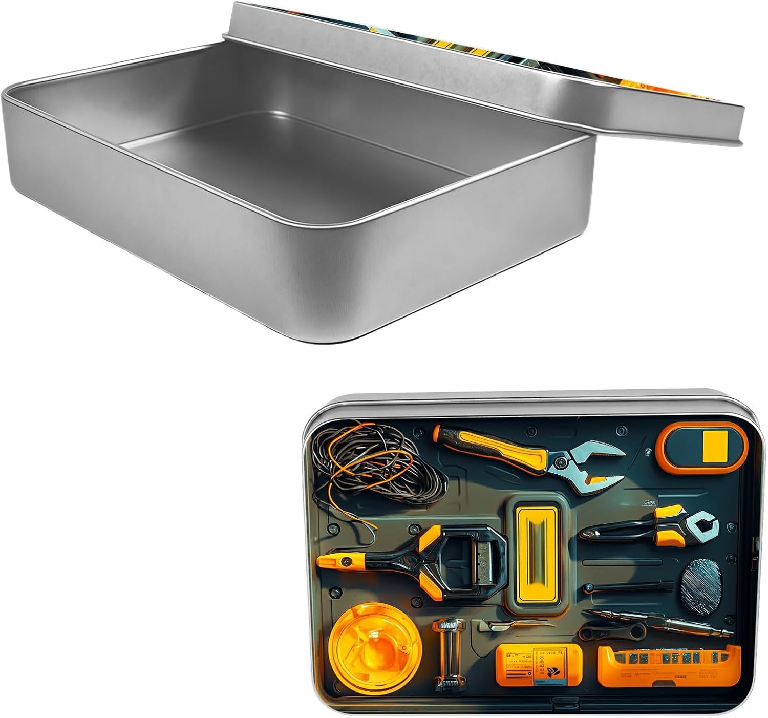 Metal Tin Box with Lid 3.46 x 2.36 x 0.71 Inches, Multipurpose Mini Storage Container for Crafts Jewelry Car Keys Cookies Ideal for Gift Giving Holiday Party Favor, Wrench Tool