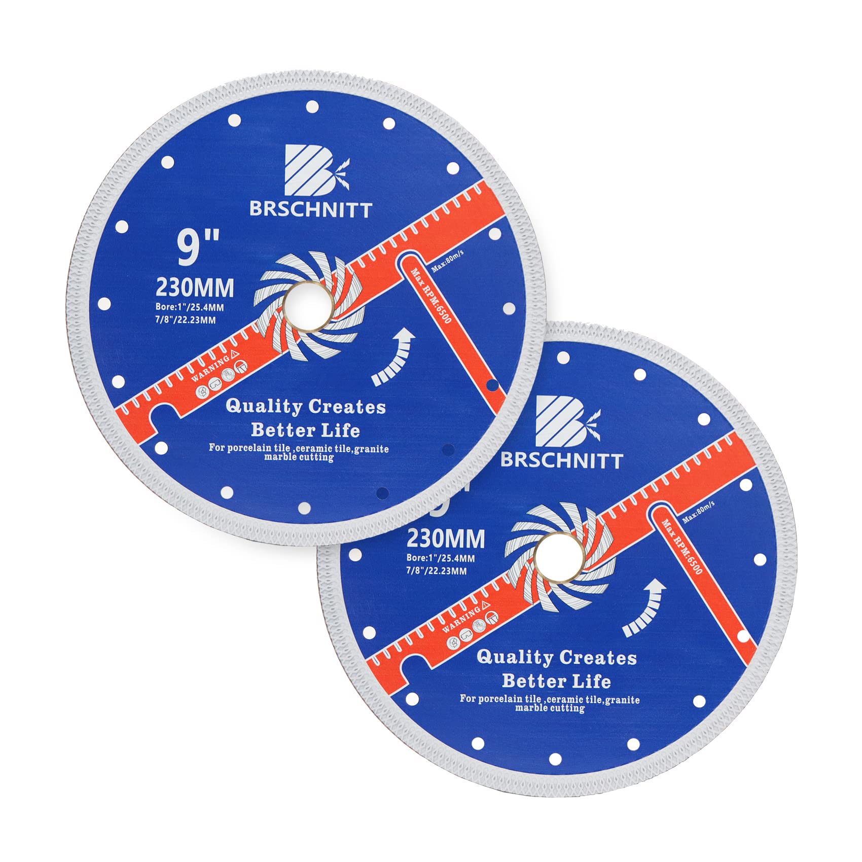 Super Thin Diamond Porcelain Saw Blade with X Teeth,BRSCHNITT 2pcs 230mm x Arbor 25.4mm-22.23mm Angle Grinder Diamond Cutting Disc for Dry/Wet Cutting Porcelain Tile Ceramic Marble Granite