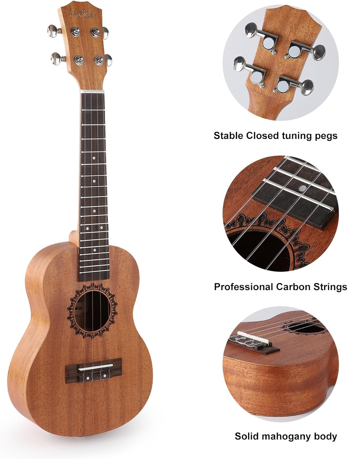 LIEKE Concert Ukulele 23 Inch Ukelele for Adults Beginner,Mahogany Carbon Strings Professional Ukulele Musical instrument Gift with Bag Strap Tunner