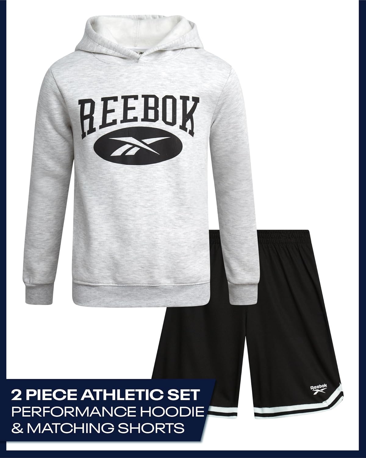 Reebok Active Boys Short Sets - 2 Piece Athletic Lightweight Knit Pullover Hoodie Sweatshirt and Activewear Boys Shorts Sets 6 Light Grey Heather/Black image 2 of 7 B0F4XZ3DGD
