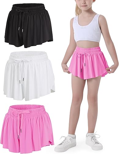 JOCMIC Pantalones cortos fluidos para niñas, 2 en 1, pantalones cortos estilo mariposa con forro de elastano para gimnasia, atléticos, ropa casual