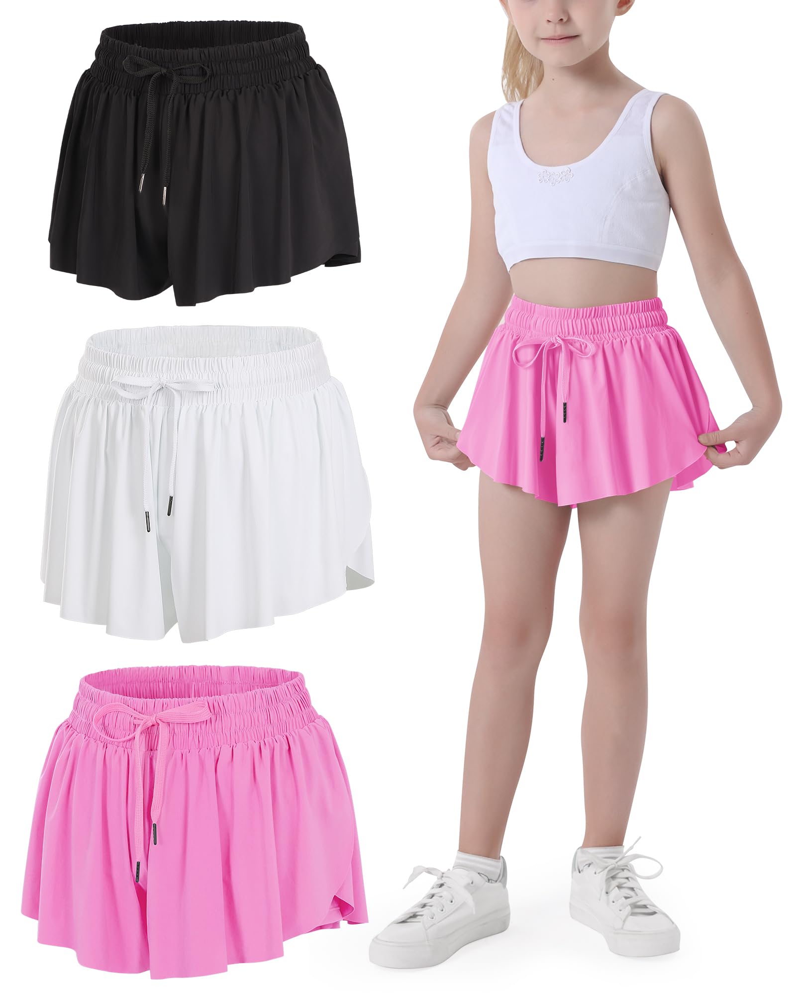 JOCMIC Girls Flowy Shorts, 2 in 1 Preppy Butterfly Shorts with Spandex Liner for Cheer Athletic Gym Teens Casual Clothes