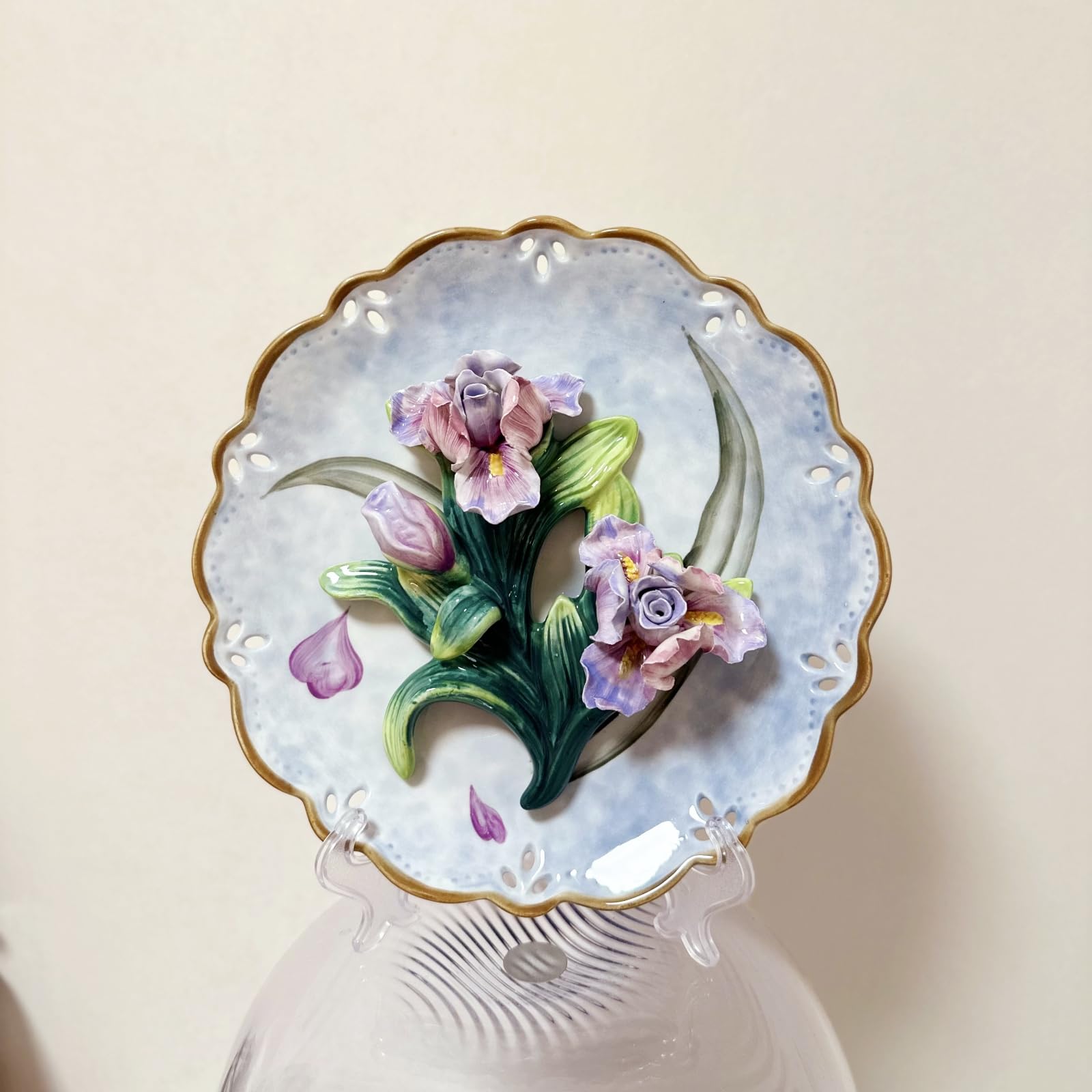 Minigift Ceramic Collections Plate, 3D Hand-painted Purple Tulip Flower and Leaf Decorative Tray with Display Stand-D 8inch