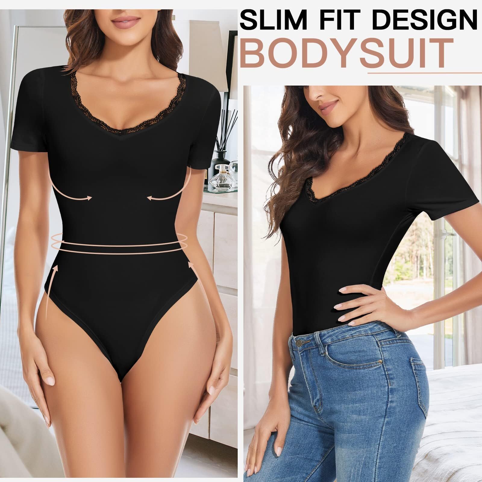 WOWENY Body Donna Manica Corta Pizzo Elegante Scollo a V Sexy T-Shirt Bodysuit Top per Donna