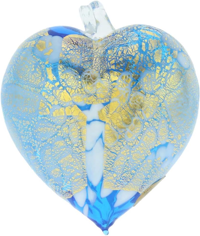 Glass Of Venice Murano Glass Heart Christmas Ornament Aqua Blue and Gold. Blown Glass Christmas Ornament for Holiday Decor, Italian Handmade