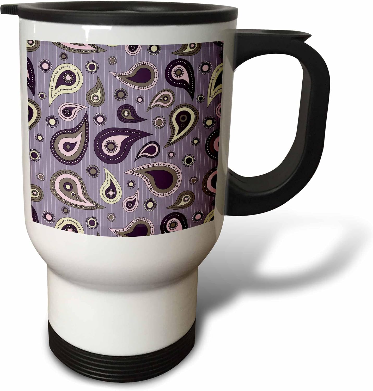 3dRose Purple and Pinstripe Paisley 14oz Stainless Steel Travel Mug
