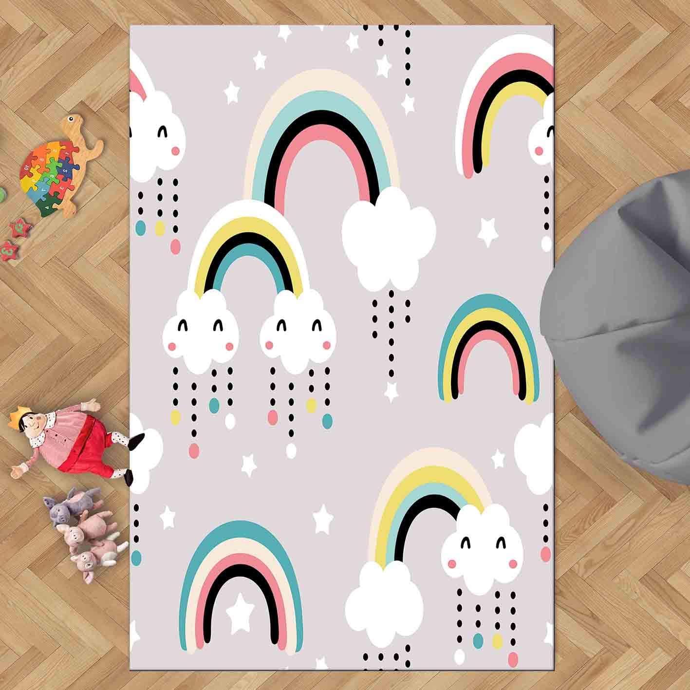Else Pink Blue Yellow Rainbow Clouds Scandinavian 3D Print Non Slip Microfiber Children Kids Room Decorative Area Rug Kids Mat