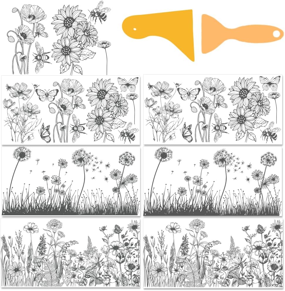 INFUNLY 6 Sheet Black White Rub on Transfers 5.9x11.8 Vintage Flower Furniture Rub on Transfer Decals Retro Dandelion Rub on Floral Transfer Sticker Waterproof for Wood Glass DIY Paper Home Decor