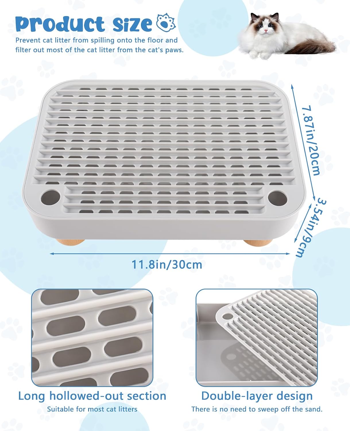 Cat Litter Step Ramp Mat, Wood Base Filter Litter Catcher Stool for Kitten & Senior Cats