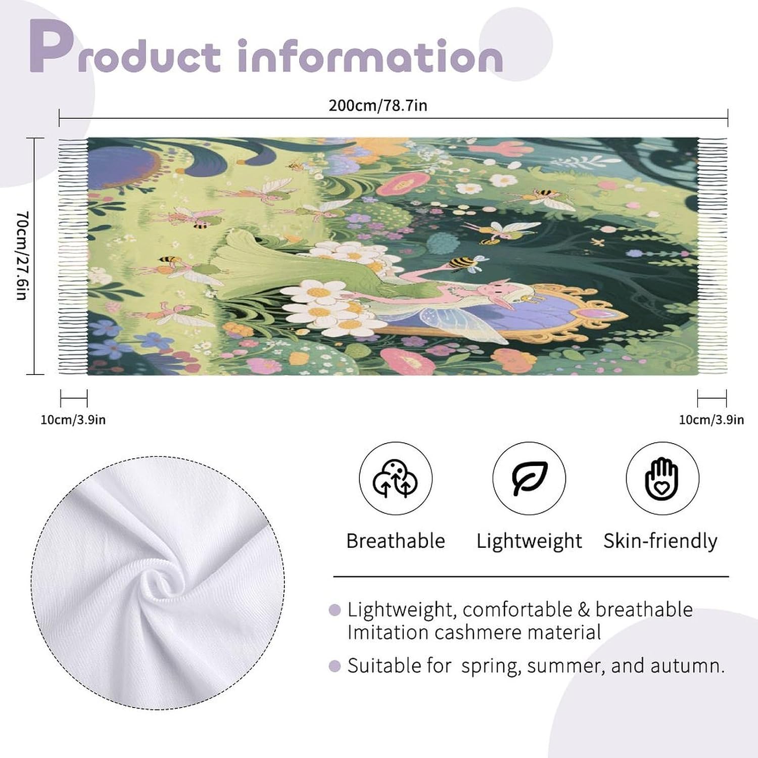 Fairy Garden Scarf for Women Men Classic Fashion Blanket Scarves Soft Cashmere Feel Scarf Cold Weather Warm Long Shawl Winter Large Scarves Classic Blanket Scarfs Thick